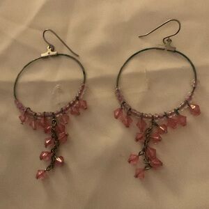 DROP WIRE HOOK EARRINGS,PINK FACETED BEADS ON A SILVERTONE WIRE HOOP.